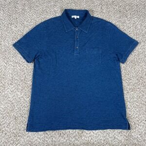 Alex Mill Polo Shirt Mens L Blue Indigo Dyed Slub Cotton Short Sleeve Pocket